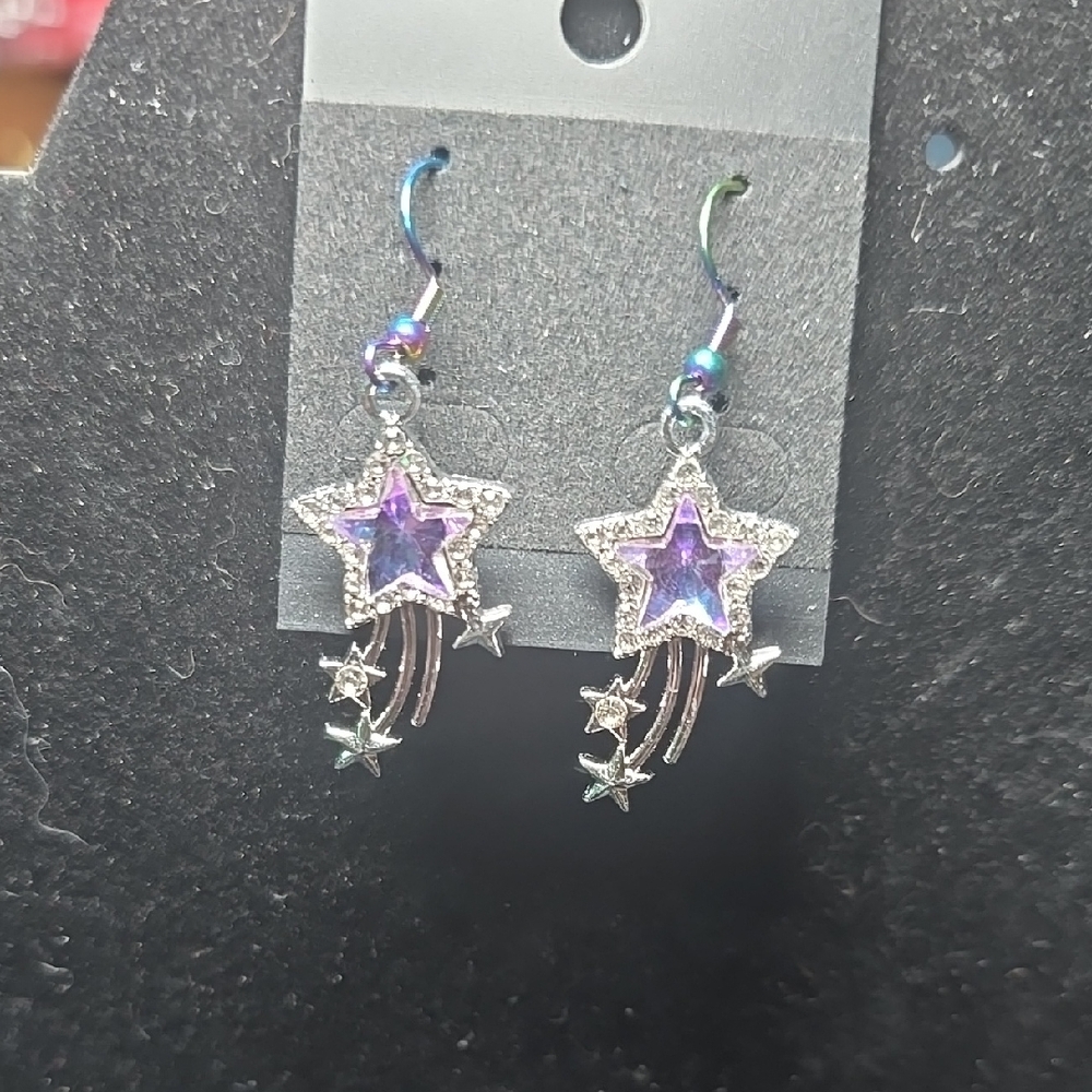Star Dangle Earrings with Purple Accents